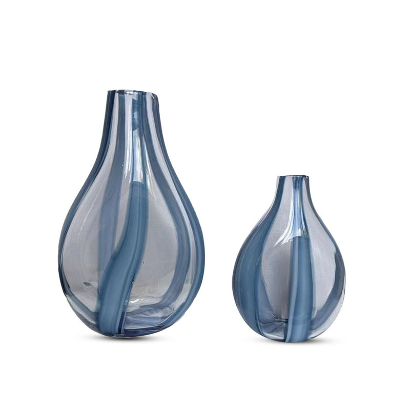 Mia Teardrop Striped Handblown Glass Vase Set-Striped Artistry for Your Home, Blue/Clear