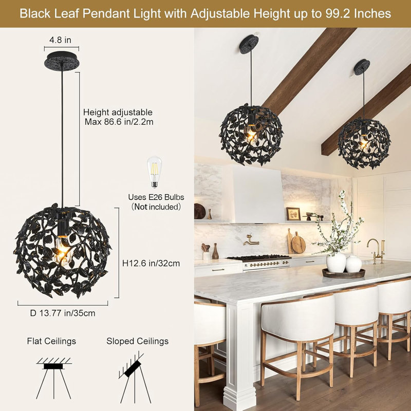Luminaire suspendu pour îlot de cuisine à 1 lumière en métal noir à intensité variable
