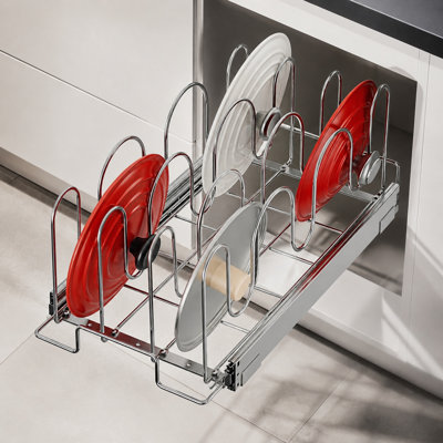 Pull Out Pan and Pot Lid Organizer for Cabinet, 21 Inch Metal Rack, Silver
