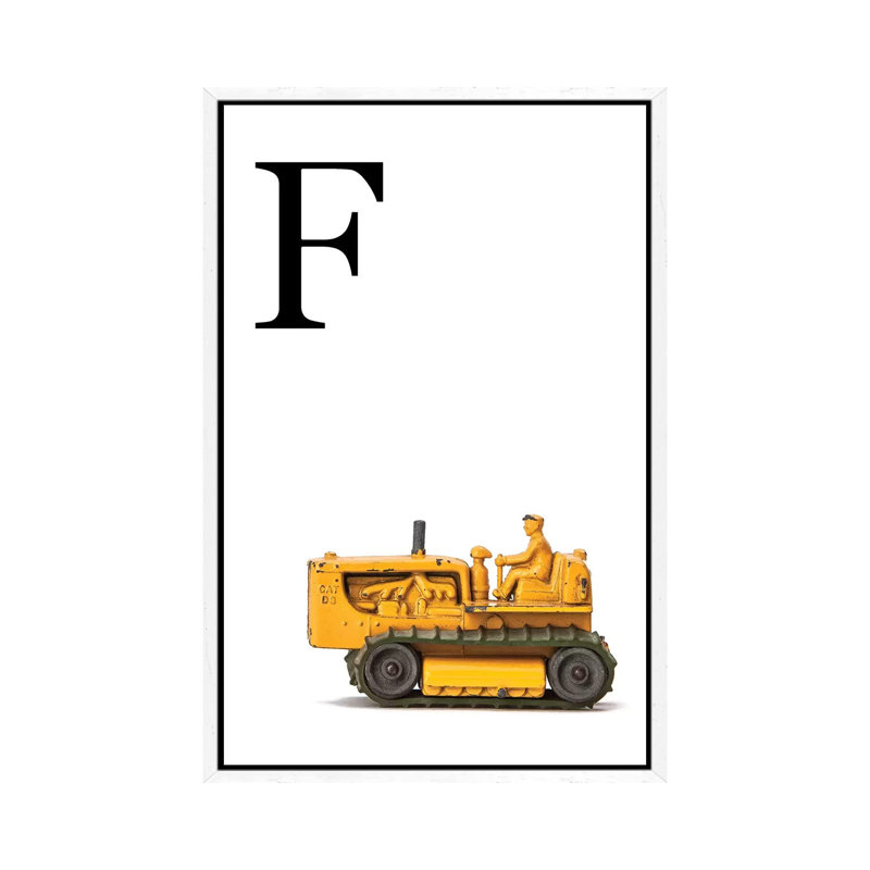 F Bulldozer Yellow White Letter - Print on Canvas, 101.6 cm H x 66.04 cm W, White Framed