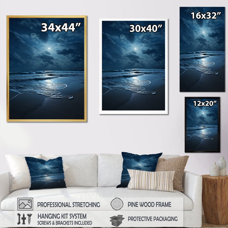 «Beach Photo Serene Moonlight I - Coastal Beach», art sur toile, H 44 po x l 34 po x P 1,5 po