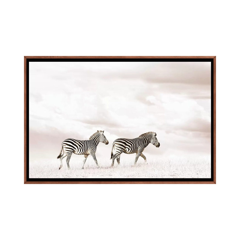 White Zebra Duo by Klaus Tiedge - Print on Canvas, 66.04 cm H x 45.72 cm W, Classic Brown Wood Framed