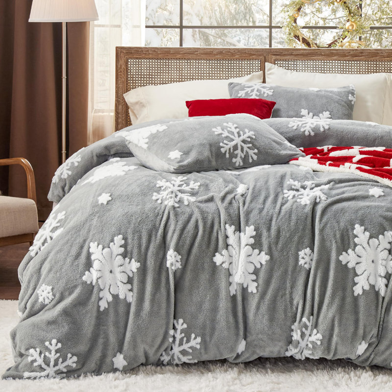 Bedsure Fluffy Duvet Cover Set, Grey Snowflake, King Duvet Cover