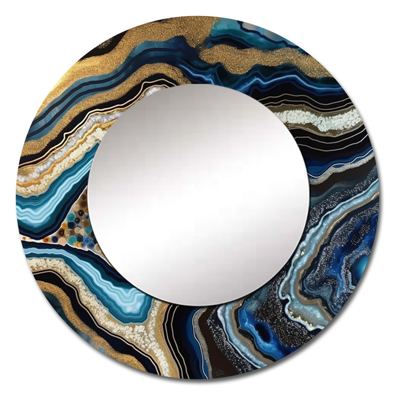 Gold Blue Geode Gems - Miroir mural en pierre, 36 po x 36 po, Rond