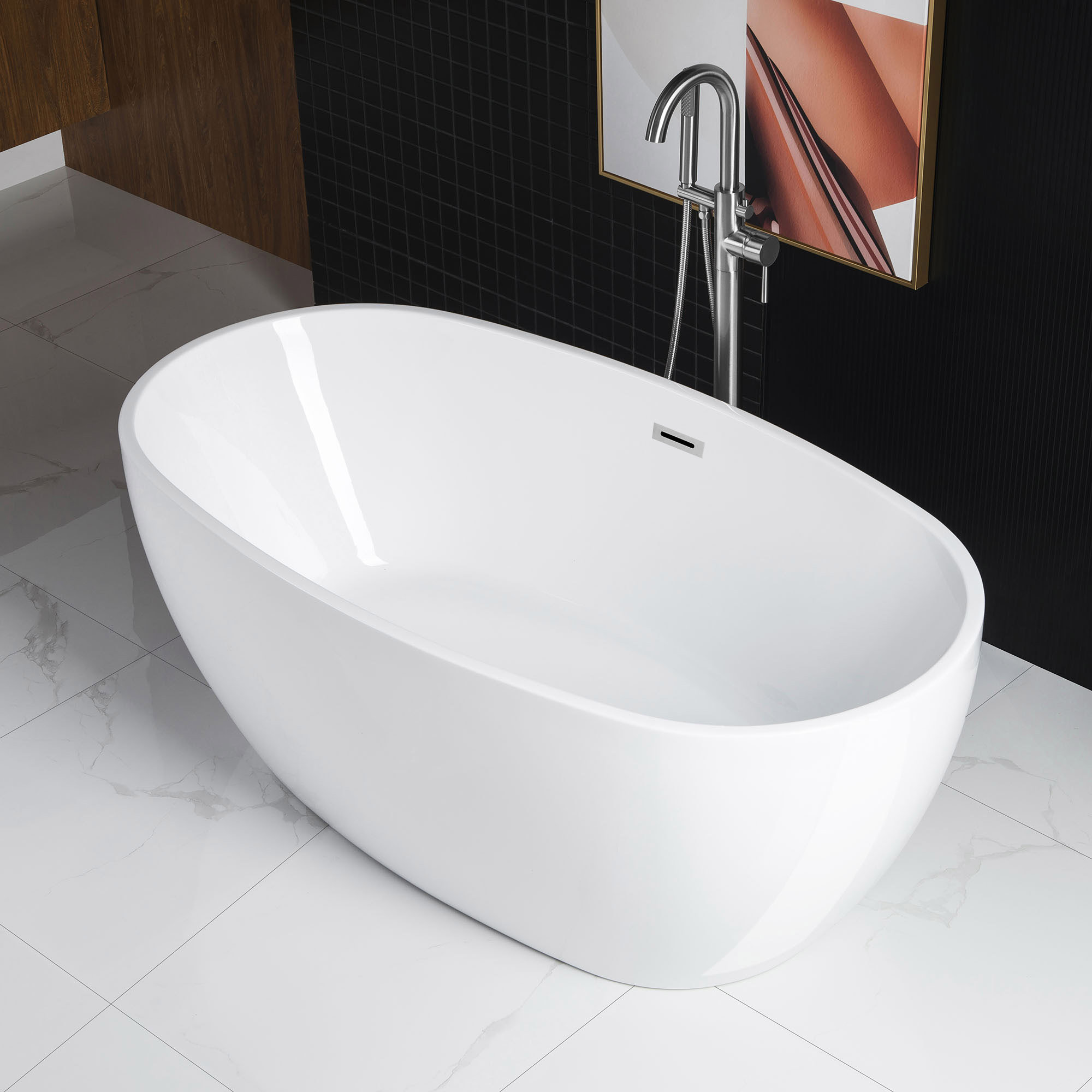Ember 59'' Soaking Acrylic Bathtub, Chrome, White