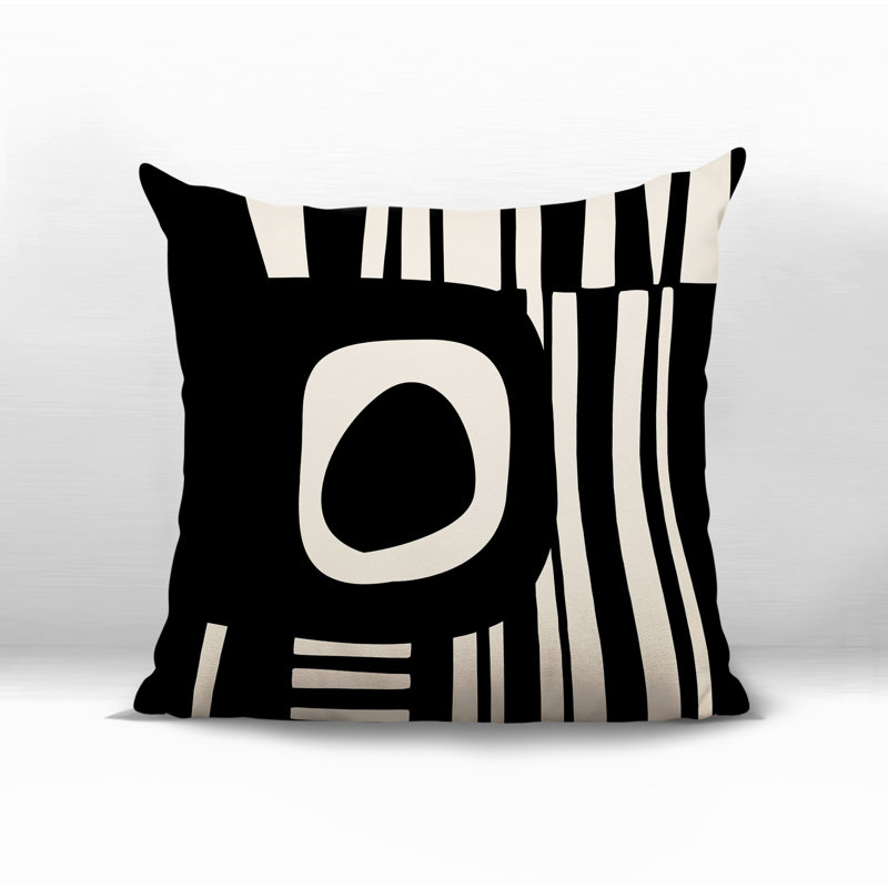 Oreiller carré réversible intérieur / extérieur Jina, Noir / blanc cassé abstrait, H 15 po x l 15 po