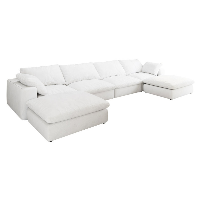 Canapé modulaire rembourré en U 160,6 po en forme de U - Cloud modulaire avec 2 repose-pieds de rangement pour un salon à 6 places, siège confortable blanc,