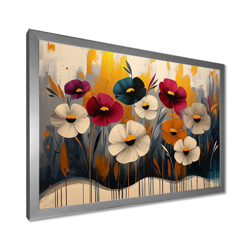 Art floral rouge et bleuet, H 12 po x l 20 po, Picture Framed, Argent argent