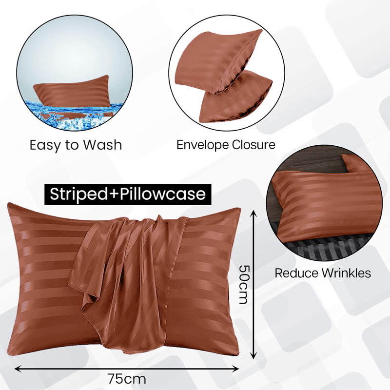 Pack of 2 Silky Soft Satin Striped Microfiber Pillow Covers - Luxury Look, Easy Care, Standard Size, Rust