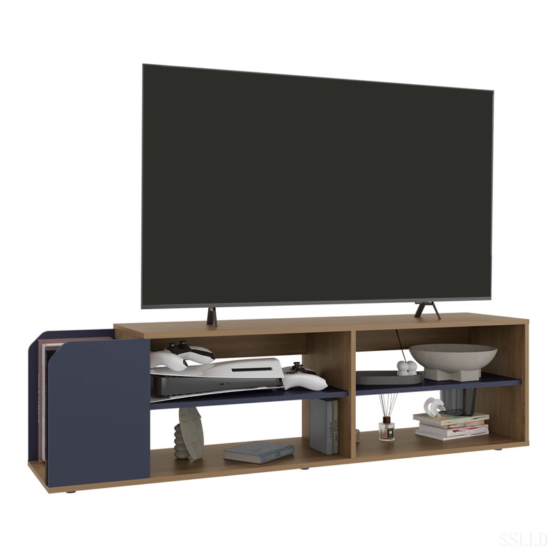 Meuble télé avec tablettes ouvertes pour divers espaces de rangement modernes, console média pour le salon, chêne naturel, bleu