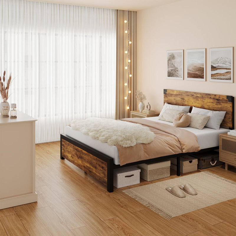 Structure de lit double avec rangement, tête de lit en bois et support en métal robuste, Lit double
