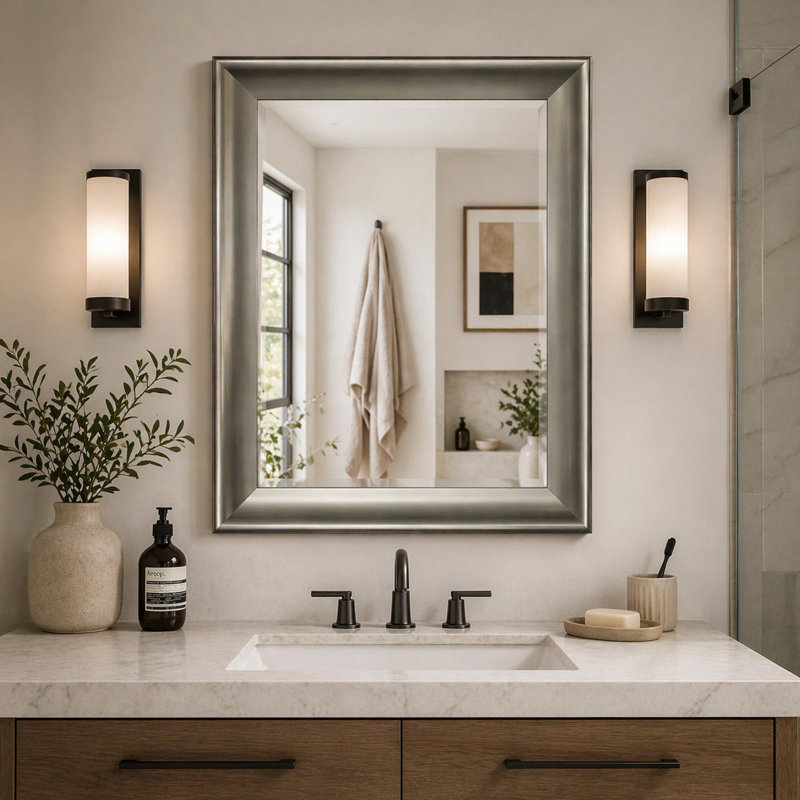 Gueye Brushed Nickel Framed Transitional Wall Mirror - 28x34"