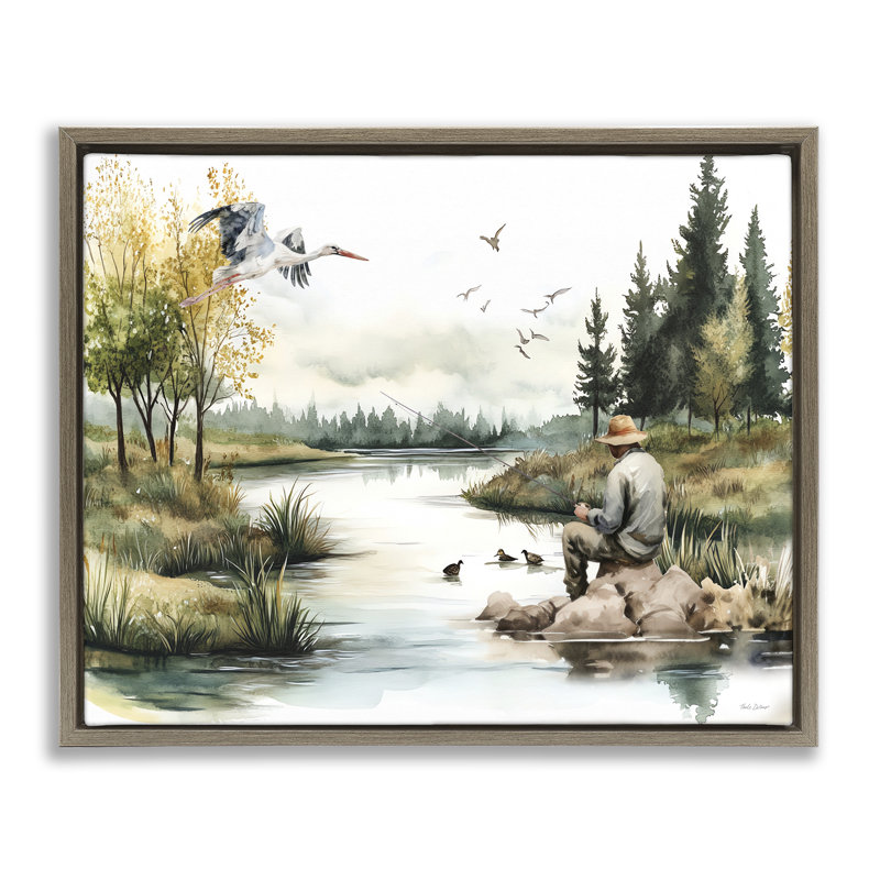 Cadre flottant «Fishing by River Landscape», conception par Nicole DeCamp, H 17 po x l 21 po, Cadre flottant orme Montalcino