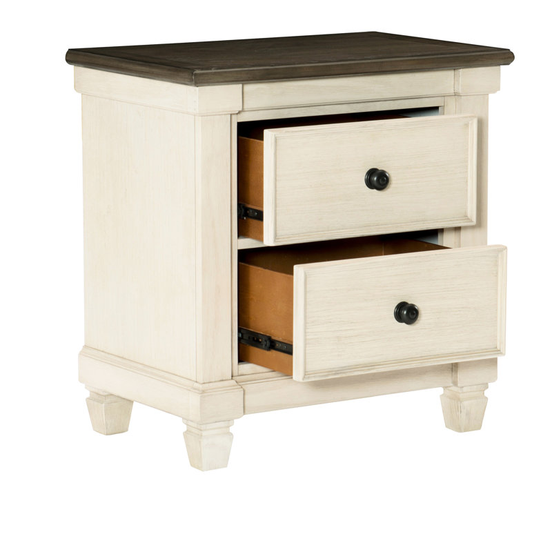 Table de chevet 2, unité de rangement de chambre à coucher avec ornement rustique, Blanc antique / brun