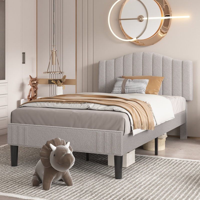 Structure de lit simple tapissier en tissu gris avec tête de lit réglable en hauteur, rangement silencieux, aucun sommier tapissier requis
