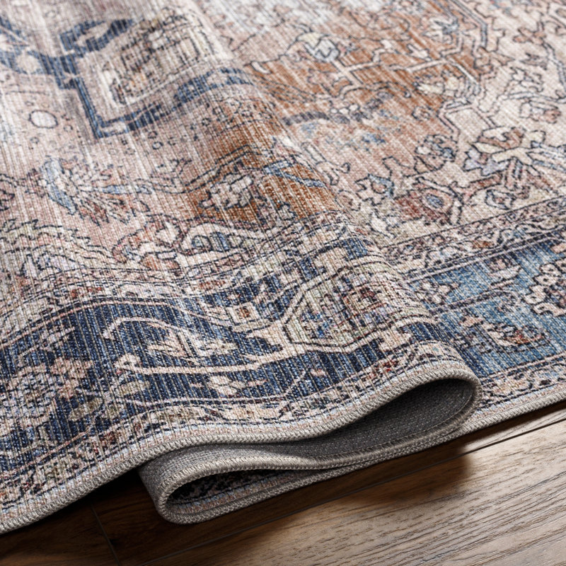 Conchita Rectangle Orhideja Oriental Machine Woven Area Rug in Navy/Rose, Rectangle 9'3" x 12'