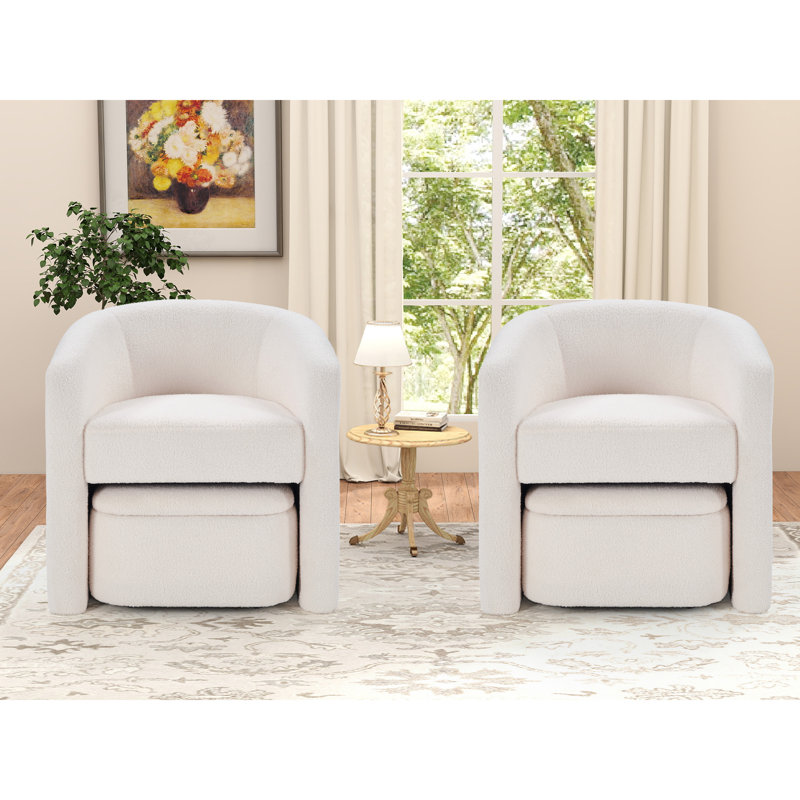 Braedin 28" Wide Modern Upholstered Barrel Chair With Storable Ottoman, White
