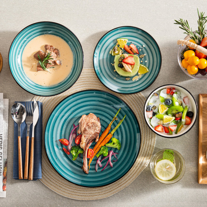 24 Piece Handmade Stoneware Dinnerware Set - Service for 6, Green