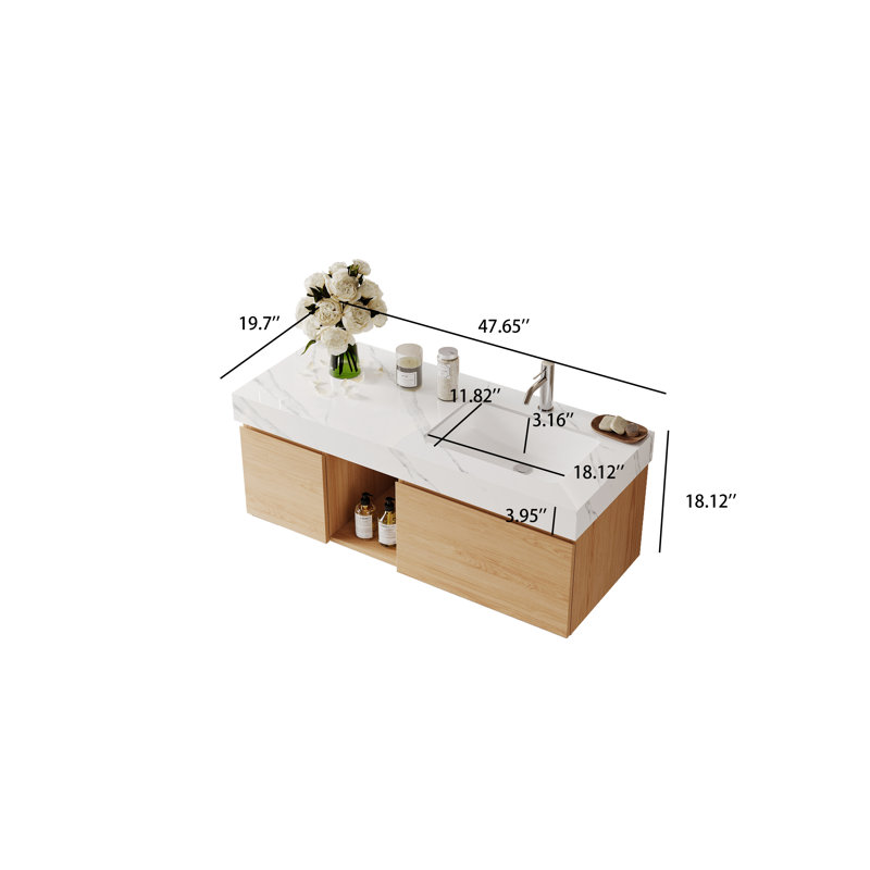 Ensemble de meuble-lavabo 48 po avec lavabo, meuble-lavabo flottant avec tiroirs et tablette ouverte, Bois clair, Blanc
