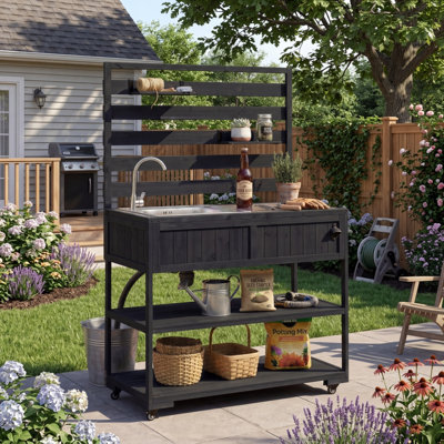 41.7" Rolling Outdoor Kitchen Island With Sink, Solid Wood BBQ Prep Station With Stainless Steel Top & Bottle Opener