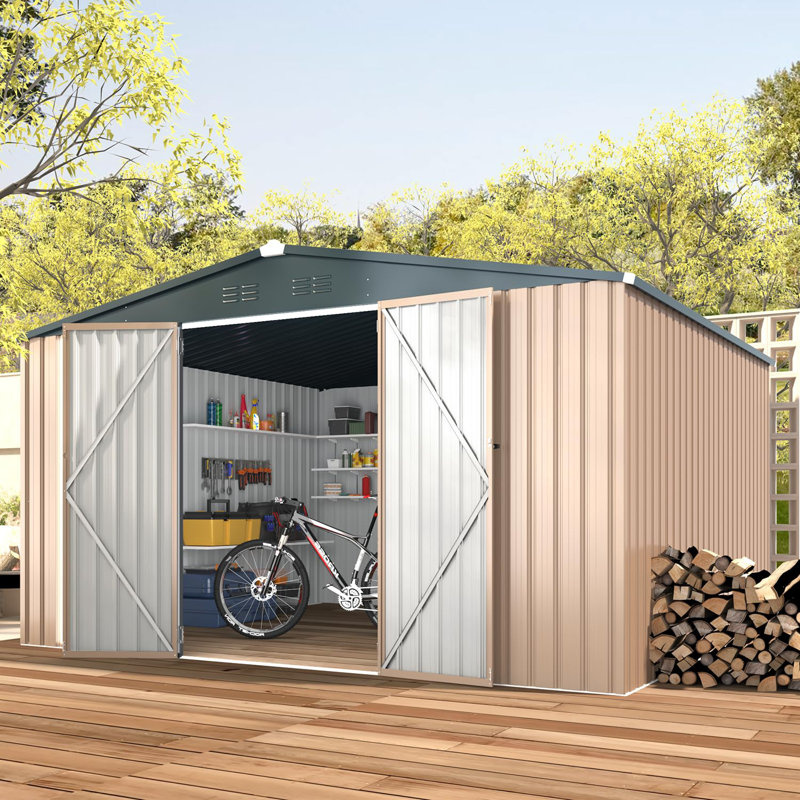 Tan 10' x 12' Metal Outdoor Storage Shed with Lockable Door