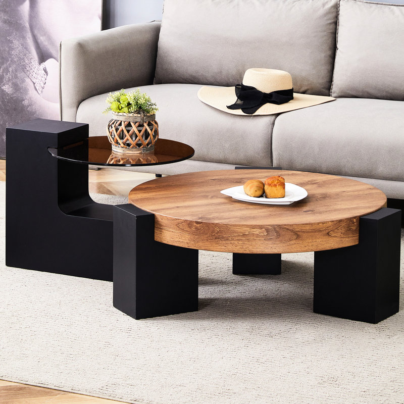 Double-Layer Round Coffee Table With Transparent Glass Top And Black Legs, Practical Brown Strong Support Legs