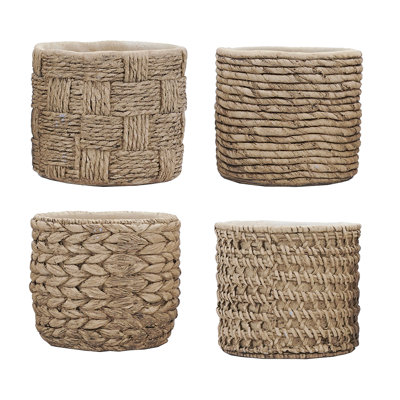 Set of 4 Textured Cement Planters with Woven Rope and Basketweave Design for Indoor Outdoor Succulent Display