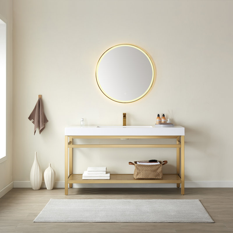 Ensemble de meuble-lavabo simple 60 po avec miroir Kenyatta, Or, Blanc, Or brossé