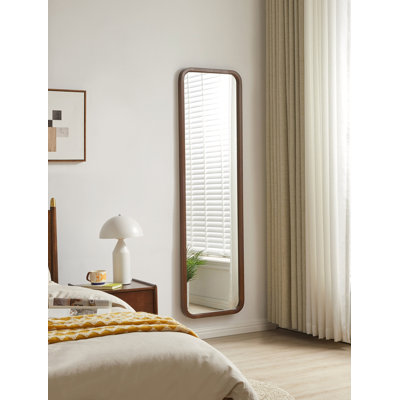 Miroir pleine longueur, miroir de plancher en bois de hêtre massif, miroir autoportant avec support, grand miroir de corps pour le vestiaire de la chambre à coucher, finition noyer