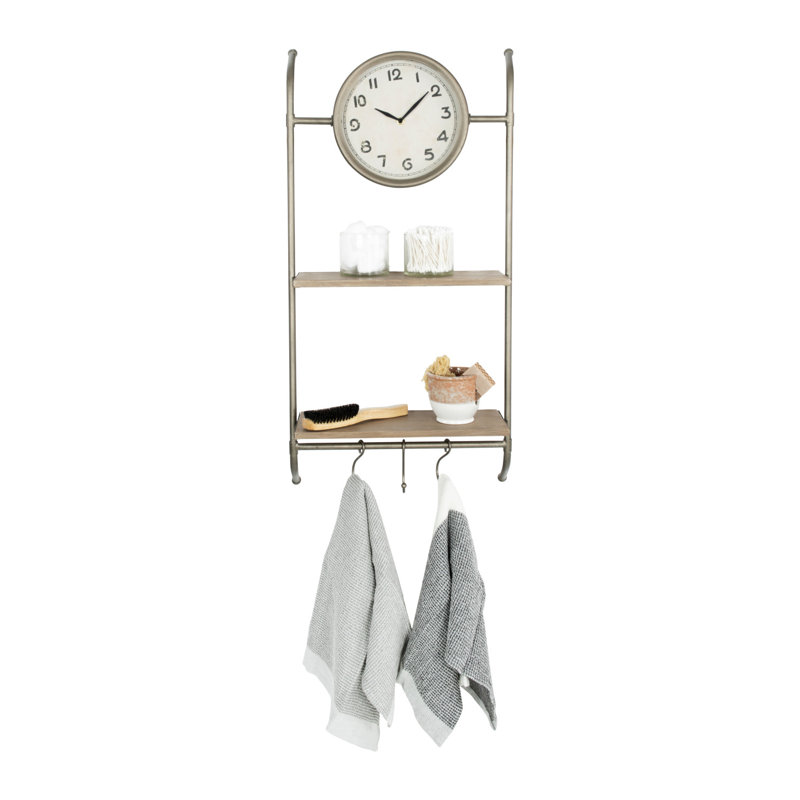 Wall Clock with 2 Shelves & 3 Hooks, Bronze