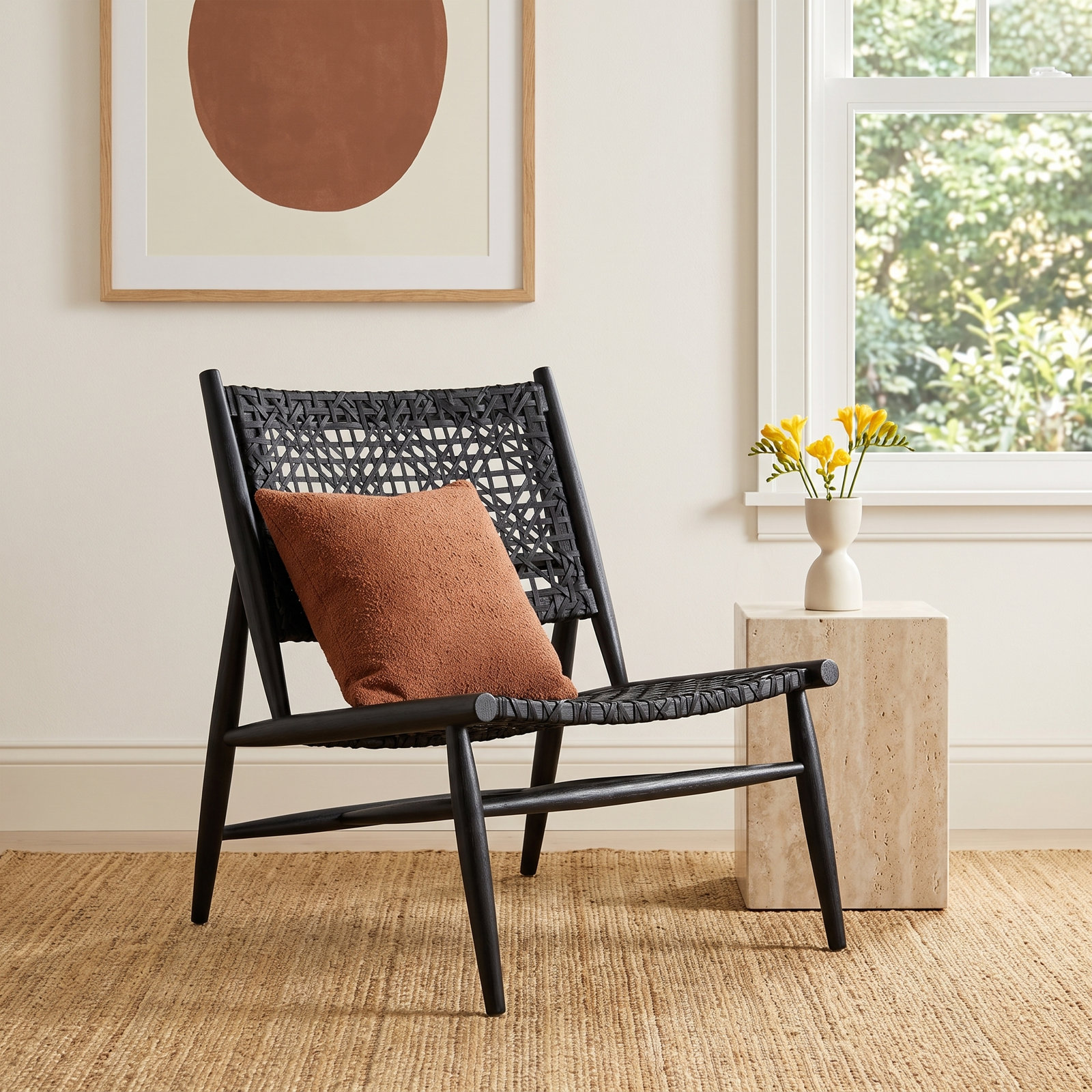 Kazbah Teak Genuine Leather Side Chair, Black Genuine Leather/Black Legs