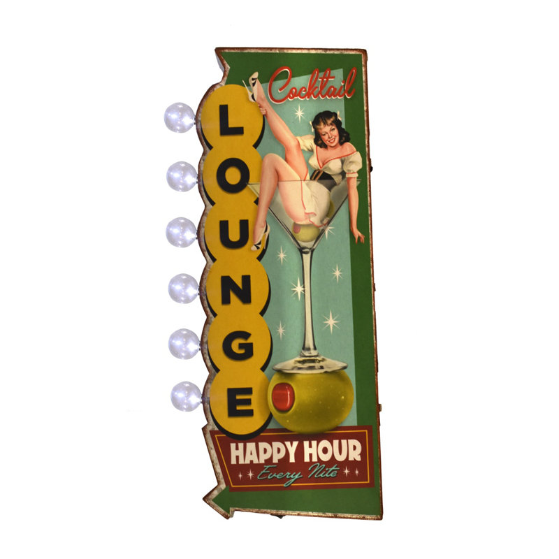 Vintage Cocktail Light Up Happy Hour Metal Sign LED Bar Wall Art Man Cave Decor Vintage Cocktail Light Up Happy Hour Metal Sign LED Bar Wall Art Man Cave Decor