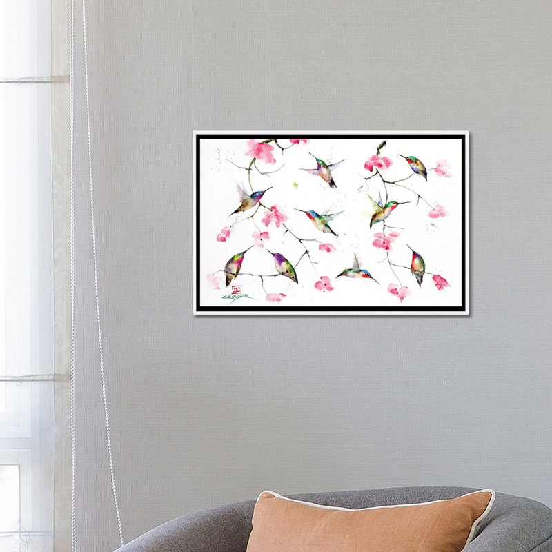 Rassemblement de colibris par Dean Crouser, reproduction d’art, H 18 po x l 26 po x P 1,5 po, Toile blanche encadrée