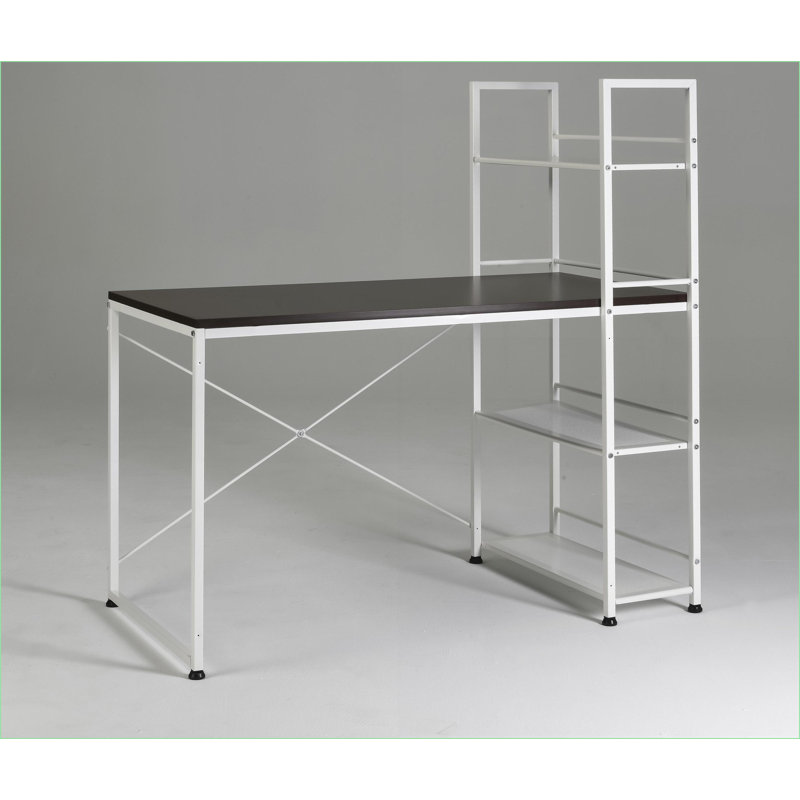 Desks Modern 47” Reversible Workstation Desk with Built-In Bookshelf | White/Brown | MDF+Metal