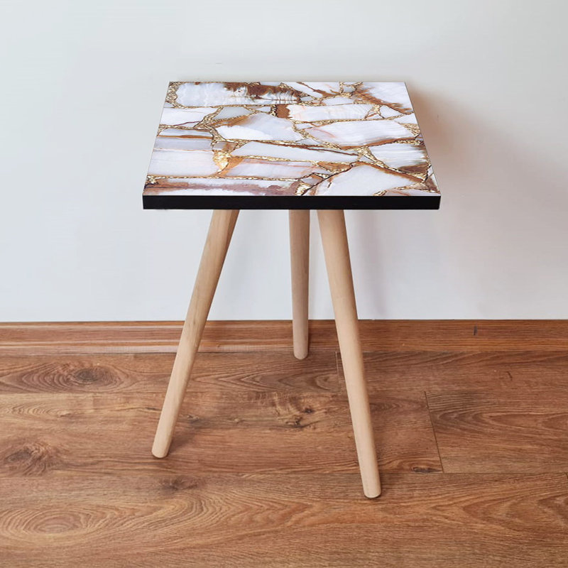 Modern Side Table with Beech Wood Legs, White & Camel with Gold Accents, 13.8 x 16.5 x 13.8 inches | 100% MDF, Thickness: 0.7 inches | Chic Marble Design, Perfect for Living Room or Bedroom, Stylish & Functional
