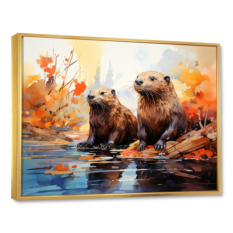 Portrait of Beavers Habitat sur toile, Cadre flottant doré, H 34 po x l 44 po x P 1,5 po