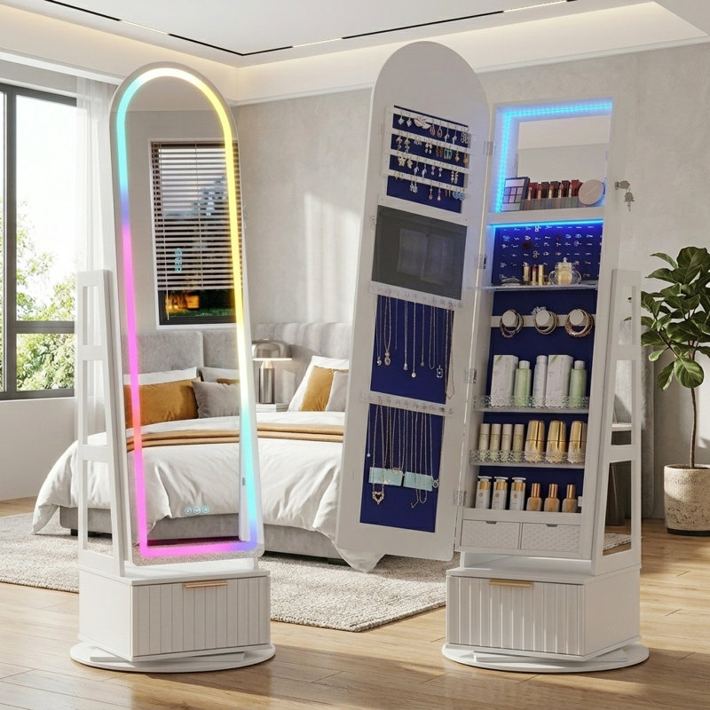 Armoire pour bijoux pivotante à 360 ° avec miroir lumineux RVB, Blanc