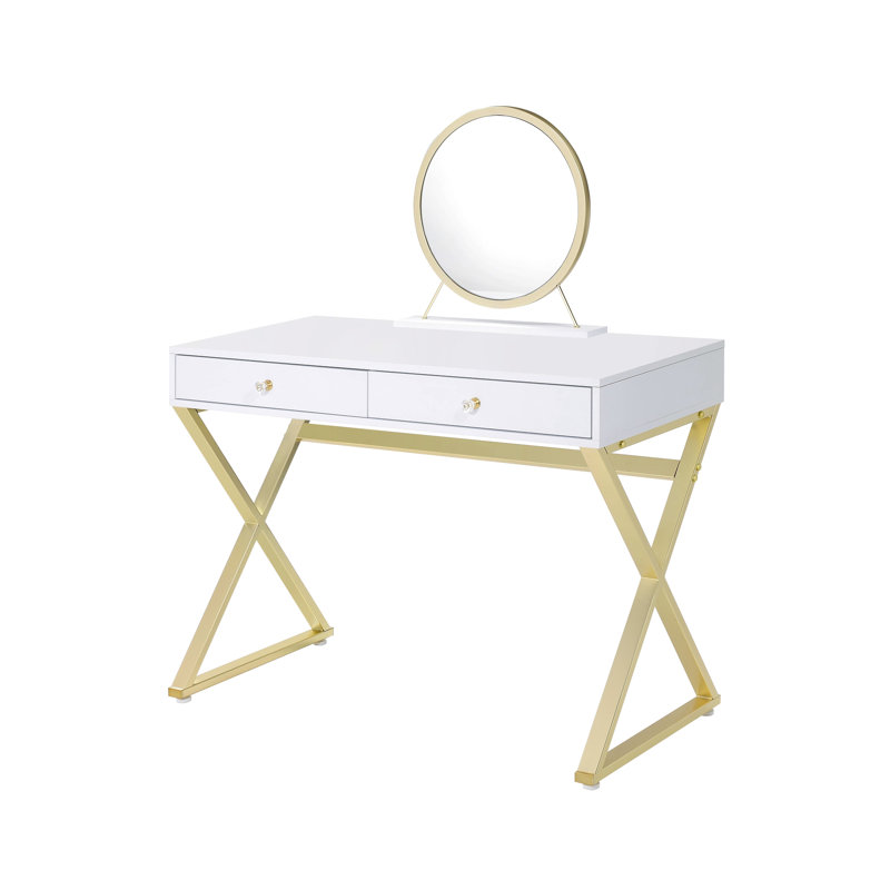 Meuble-lavabo blanc et doré d'aspect rectangulaire, poignée en cristal, structure en métal, plateau à bijoux avec miroir inclus, 2 tiroirs de rangement avec bureau coulissant au centre