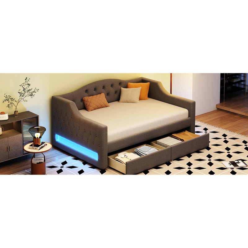 Twin Xl Upholstered Daybed With Gray Linen, Led Belt, 2 Drawers For And Off - Season Items, Structure In Gray, Drawers, Linen Slats Mattress Support Stability