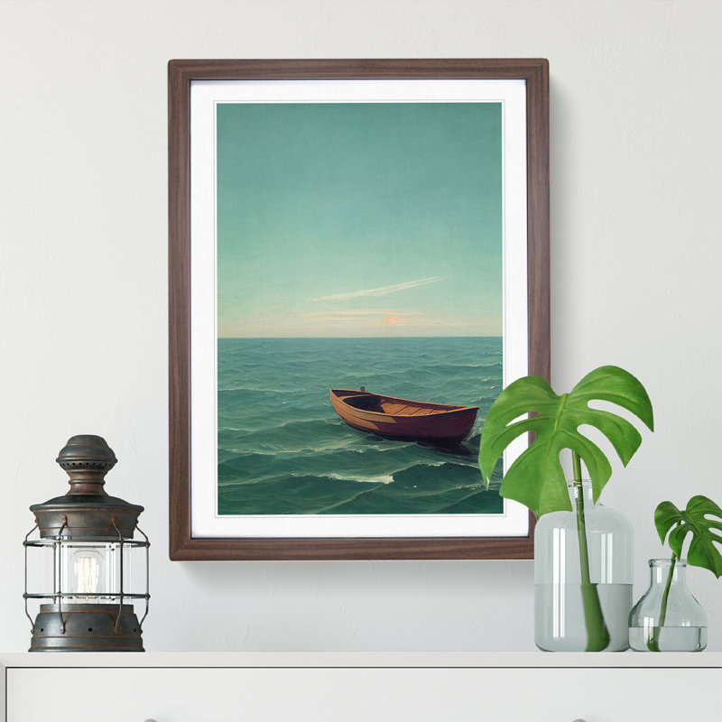 Vacant Boat On The Sea - Single Picture Frame Painting, 34cm H x 25cm W x 2cm D, Walnut