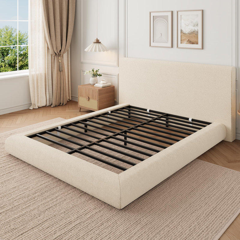 Structure de lit double avec tête de lit tapissier, lit plateforme double Cloud complet, aucun sommier requis, assemblage facile, tissu moelleux doux, blanc
