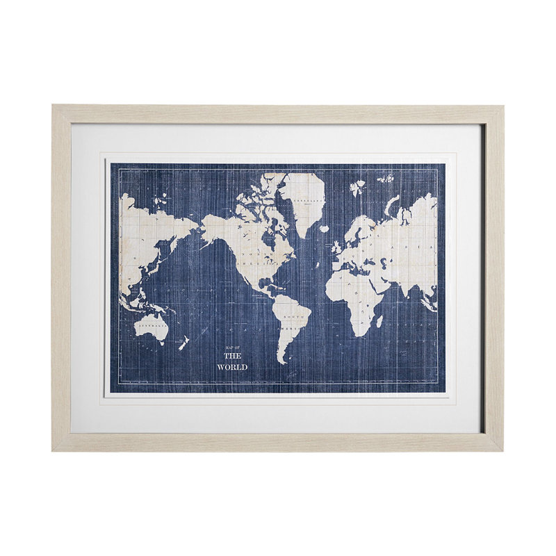 «Blueprint World Map» par Sue Schlabach, reproduction d'art encadrée et texturée encadrée à la main