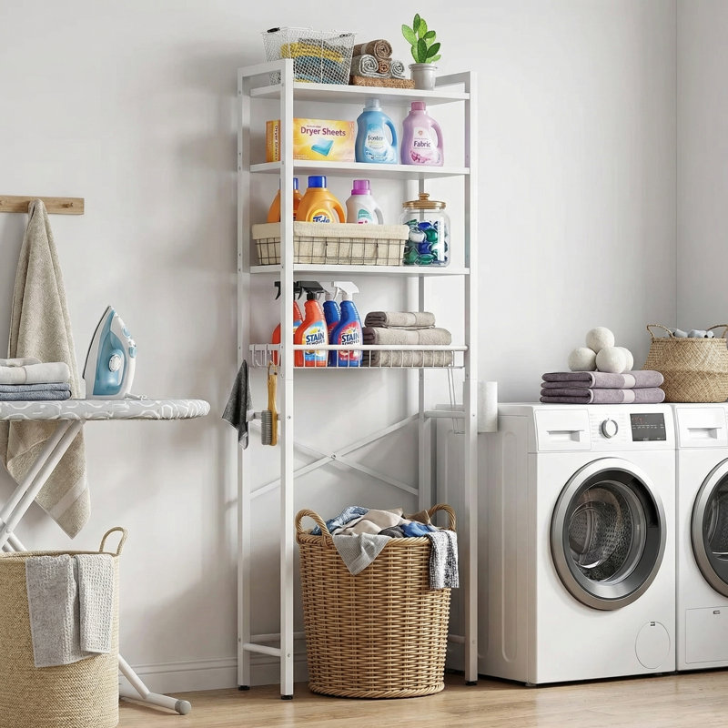Support de rangement multifonctionnel en bois au-dessus de la toilette, blanc pur, à quatre niveaux, réglable pour économiser de l'espace, comprenant un porte-papier hygiénique.