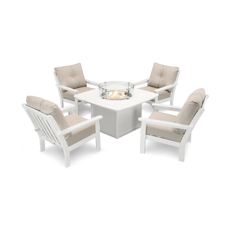 Vineyard 5-Piece Conversation Set with Fire Pit Table, Cast Ash, White