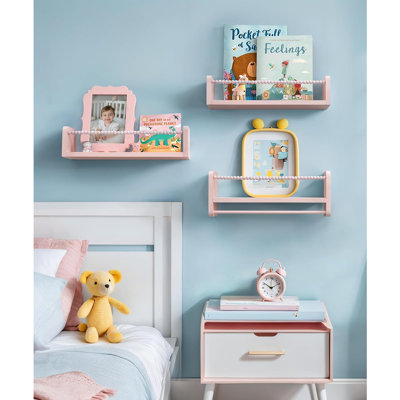 Set Of 3 Bookshelves Natural Wood Wall Mount Organizer With Towel Bar Hanging Nursery Decor For Room, Playroom, Bedroom And Kitchen, Pink