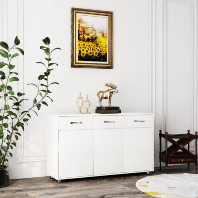 Three Doors Side Table - White With Sufficient Storage, Excellent Painting Skill Large Storage 3 Doors, Fine Accuracy