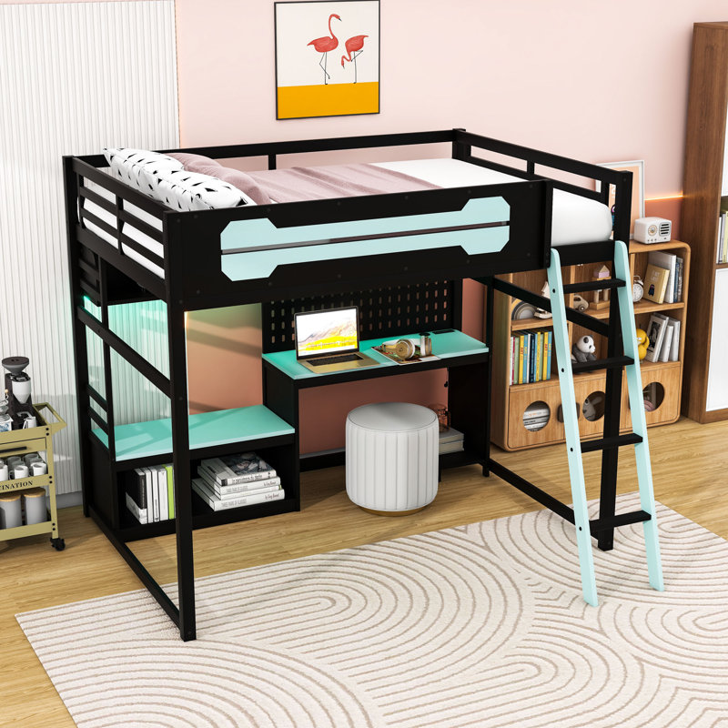Lit mezzanine double avec bureau, lumières DEL, ports USB et panneau perforé personnalisable, Noir / Bleu