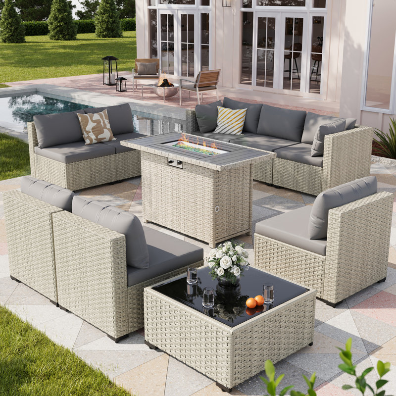 9 Pieces Design-Oriented Rattan Patio Conversation Sets With Fire Pit, Gray