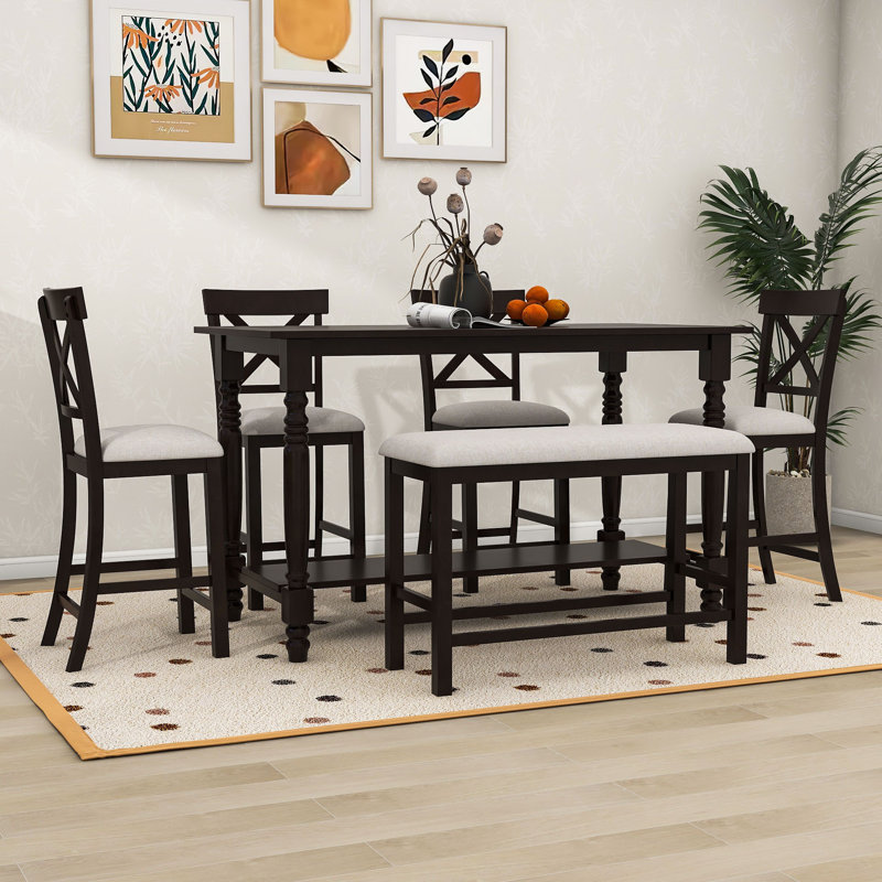 Daury 6Pcs Counter Height Dining Set with 4 Upholstered Chairs, Bench and Storage Shelf, Espresso