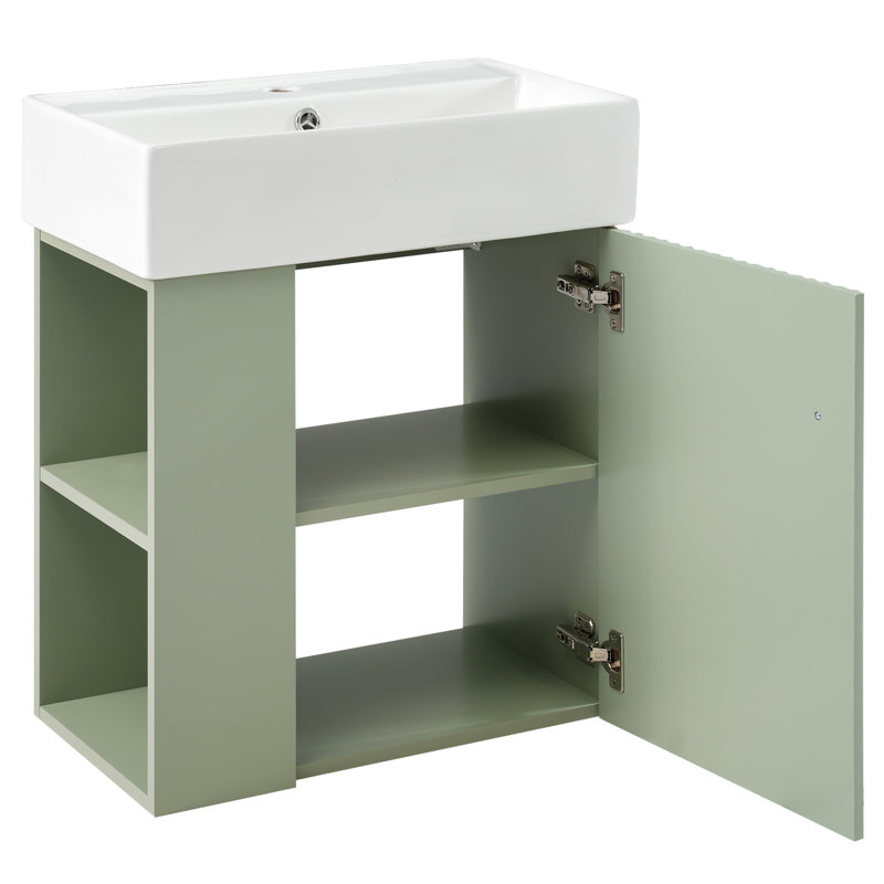 Meuble-lavabo de salle de bain avec lavabo en céramique - armoire flottante de 21,6 po, boîte de rangement pour éponges à gauche, trou de trop-plein, armoire pratique pour salle de bain de 21,6 po, petites salles de bain, rangement, trou unique